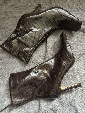 Croc-Embossed Dark Brown Stiletto Ankle Booties - Women's